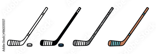 Four ice hockey stick and puck illustrations in different styles, including simple outline, black silhouette, hand-drawn sketch, and a flat color cartoon version for sports design