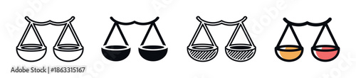 Set of four scales of justice icons presented in different graphic styles, including outline, solid glyph, patterned, and simple color fill for legal or zodiac concepts