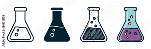 Set of four chemical laboratory flasks shown in various illustration styles including outline, silhouette, sketch, and colorful cartoon for science and research concepts