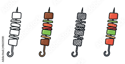 Four kebab skewer icons in different styles showing grilled meat and vegetables on a stick, including outline, color, and monochrome variations for culinary or menu design