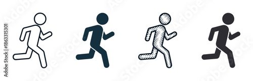 Set of four running person icons in different graphic styles including outline, solid fill, and sketch, representing speed, fitness, and emergency exit concepts