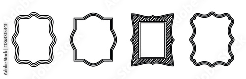 Four black and white decorative vertical frames with various ornate and wavy shapes in a hand-drawn illustration style, a collection of empty borders for labels or pictures