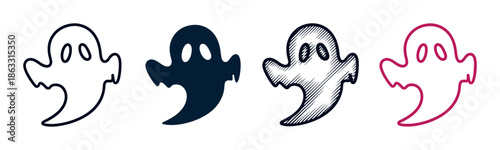 Set of four cute ghost icons presented in different artistic styles like outline, silhouette, and hand-drawn sketch for spooky Halloween holiday decorations and design