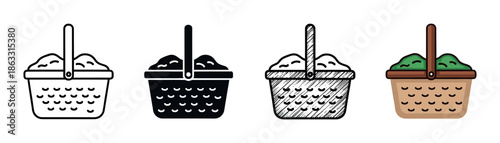 Set of four picnic basket icons in different artistic styles including outline, glyph, hand-drawn sketch, and full color, depicting a woven container filled with food