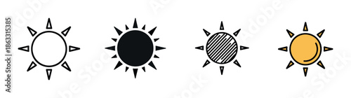 Set of four minimalist sun icons presented in various graphic styles like outline, solid silhouette, hatched pattern, and simple color for weather or summer themes