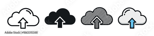 Set of four cloud upload icons presented in various graphic styles including simple line art, a solid glyph, a hatched pattern, and a modern color fill version for web design