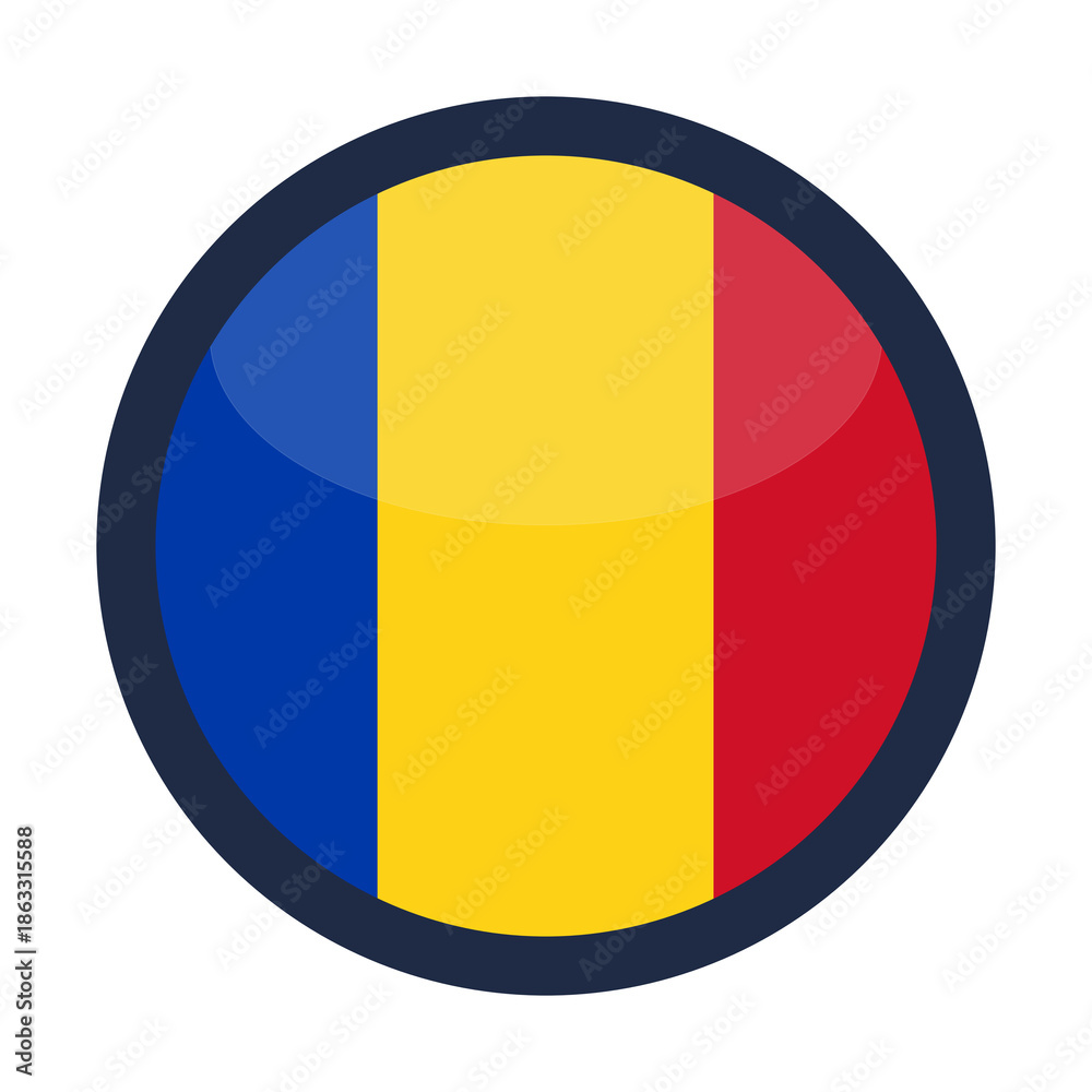Fototapeta premium Glossy Round Romania Flag Icon Button Badge Isolated On Transparent Background PNG