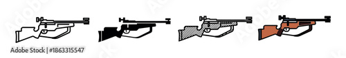 Biathlon rifle icon set in four styles, featuring a simple outline, a solid black silhouette, a hatched design, and a colored version for sporting event graphics