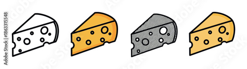 Four cheese wedge icons in a set showing various graphic design styles including simple outline, color fill, and monochrome with hatching for food concepts