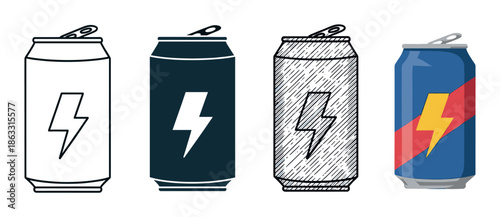 Collection of four energy drink cans with a lightning bolt logo, depicted in various illustration styles including outline, silhouette, hand-drawn sketch, and full color vector art