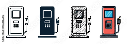 Four gas pump illustrations presented in a collection of diverse styles like outline, solid glyph, hand-drawn sketch, and a vibrant full-color cartoon version