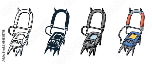 Set of four climbing crampon illustrations in different styles including outline, silhouette, and color, showing the essential mountaineering gear for ice traction