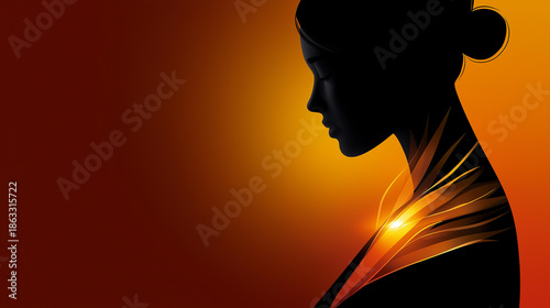 Minimalist illustration of faceless woman silhouette with rising sun rays emanating from shoulders, empowerment symbolism, strength and resilience concept, gradient warm colors, international women's