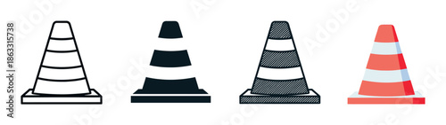 Set of four traffic cone icons in different graphic styles including line art, silhouette, hatched, and flat color for road safety and construction concepts