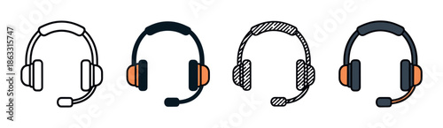 Headset with microphone icon set in various styles including outline, flat color, and hatched fill for customer service and communication concepts, a collection of simple vector graphics