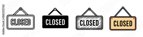 Set of four hanging closed signs in various graphic styles including outline, silhouette, hand-drawn sketch, and color flat design for business or store notification