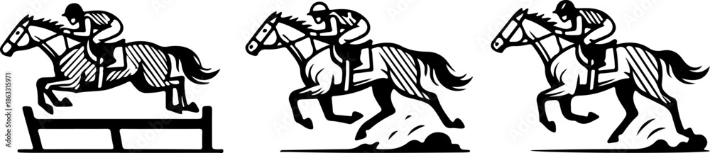 Fototapeta premium Three Horse Racing Side View Black Silhouette Style Set