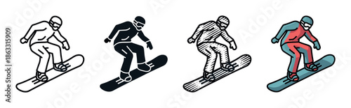 Snowboarder icon set in four different styles showing an athlete in motion, featuring line art, solid silhouette, hatched drawing, and a full color graphic design illustration