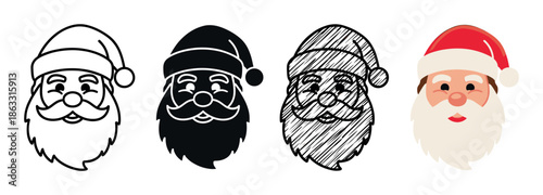 Four Santa Claus head icons in a collection of different artistic styles, including a simple outline, solid silhouette, hand-drawn sketch, and a full-color flat vector design
