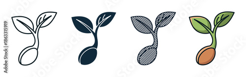 Set of four sprouting seed icons showing different graphic styles, including outline, silhouette, hatched, and a full-color version, representing growth and new life