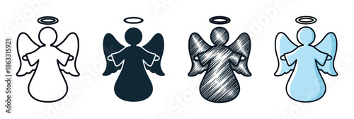 Set of four angel icons in different artistic styles including outline, silhouette, hand-drawn sketch, and simple color fill for religious or holiday-themed designs