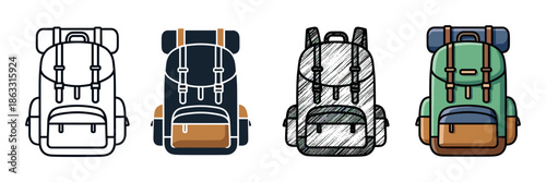 Set of four hiking backpack illustrations in different artistic styles including line art, flat color, and hand-drawn sketch for travel and adventure concepts