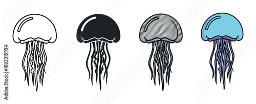Four jellyfish illustrations in different artistic styles including simple outline, solid silhouette, hatched sketch, and a colored cartoon, showing a creative set of marine life icons