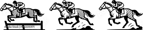 Three Horse Racing Side View Black Silhouette Style Set