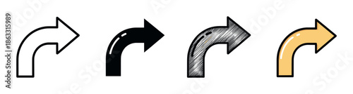 Set of four curved right arrow icons presented in various hand-drawn styles, including simple outline, solid silhouette, detailed sketch, and a flat color version for navigation