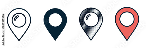 Set of four location pin icons in different graphic styles including outline, solid fill, hatched, and color for mapping and navigation concepts in a minimalist design