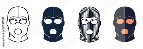 Set of four balaclava mask icons in different graphic styles, featuring a simple outline, a solid silhouette, a striped pattern, and a modern flat design illustration