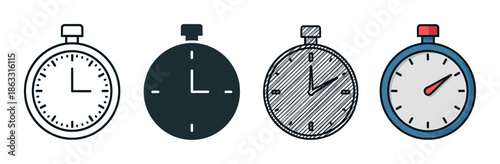 Four stopwatch timer icons in various styles including outline, solid glyph, hand-drawn sketch, and color flat design, representing time, speed, and deadlines