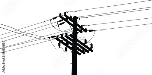 Electric utility power pole silhouette vector illustration with multiple overhead transmission lines energy distribution infrastructure isolated on white background