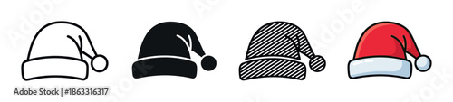 Set of four Christmas holiday hat icons presented in various styles including simple outline, solid glyph, hatched pattern, and a classic red and white colored version