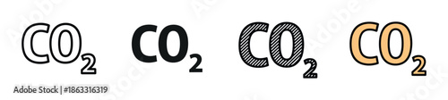 Set of four CO2 carbon dioxide formula icons presented in various graphic styles including outline, solid fill, hatched, and color for scientific and environmental themes