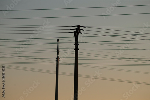 Εκτύπωση καμβά closeup of utility poles with wires, engineer imagined mapping line geometry, la
