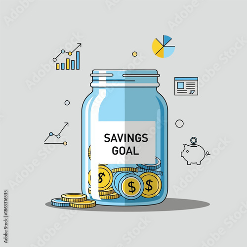 Illustration of a savings goal jar filled with dollar coins and financial icons in the background, representing money management and investment.