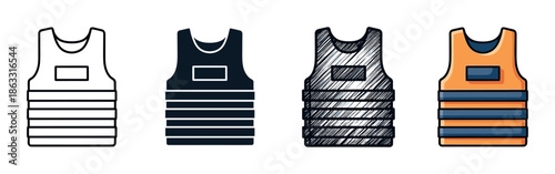 Bulletproof vest icon set with four variations of body armor, featuring a line icon, a glyph, a hand-drawn sketch, and a colored flat vector illustration