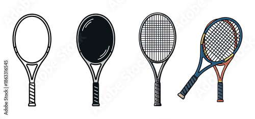 Four different tennis racket illustrations showing a progression from simple outline and silhouette to detailed black and white line art and a final full-color version