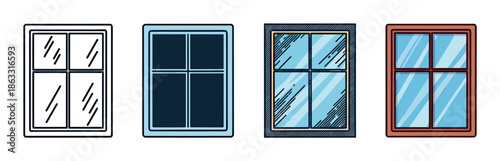 Collection of four square window illustrations presented in a row, showcasing diverse graphic styles like a simple icon, flat color, hand-drawn sketch, and cartoon design