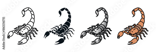 Four scorpion illustrations in different styles including outline, silhouette, hatched sketch, and colored cartoon for a versatile graphic design element set