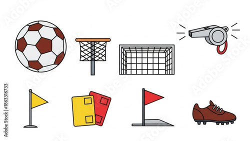 Soccer and sports equipment icons for athletic themes