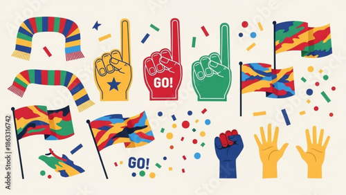 Vibrant cheering crowd with flags and foam fingers celebrating