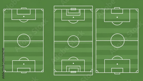 Three different soccer field layouts for various game strategies
