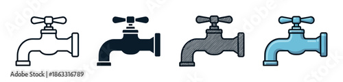 Four water tap faucet icons presented in a collection of different graphic styles including outline, silhouette, hatched, and a flat blue color fill for versatile design use