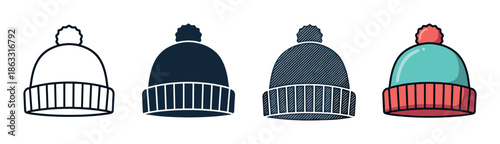 Set of four winter pom-pom hat icons presented in different artistic styles from simple outline and silhouette to a detailed sketch and full color version