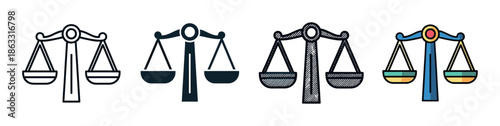 Scales of justice icon set featuring four distinct graphic styles including line art, solid glyph, hand-drawn sketch, and a colorful flat design for legal concepts