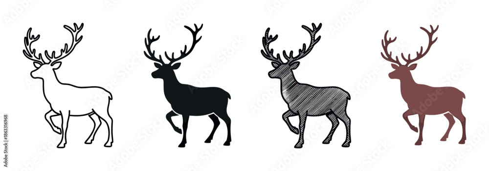 Obraz premium Set of four deer illustrations with large antlers showing different graphic styles including outline, solid silhouette, sketch texture, and flat brown color