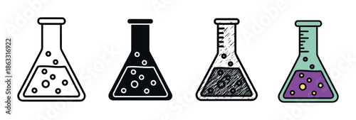 Four scientific Erlenmeyer flask icons presented in a collection of styles including simple outline, solid glyph, a hand-drawn sketch, and a flat color illustration