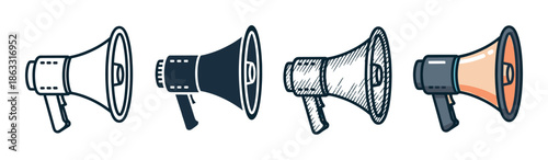 Set of four megaphone icons presented in various artistic styles including line art, solid glyph, hand-drawn sketch, and modern flat color for graphic design elements